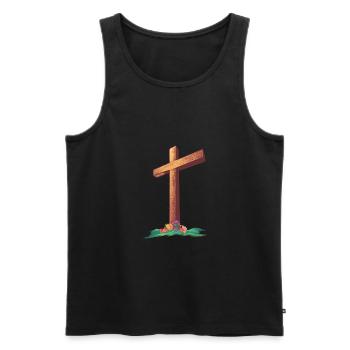 Christian cross with flowers on a hill - Men's Premium Organic Tank Top - black - Front - AI Model Male 178 light (178cm)