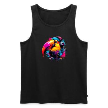 Toucan coloré avec écouteurs - Débardeur bio Premium Homme - noir - Devant - Michal (187cm)