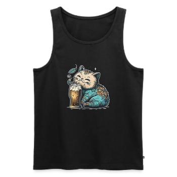 Chat heureux avec de la bière - Débardeur bio Premium Homme - noir - Devant - AI Model Male 178 light (178cm)
