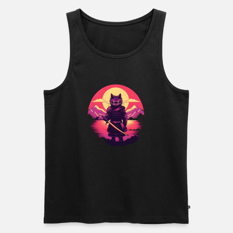 Synthwave samurai Cat - Männer Premium Bio Tank Top - Schwarz