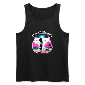 Woman is taken into UFO. Beach scene. - Men's Premium Organic Tank Top - black - Front - AI Model Male 178 light (178cm)