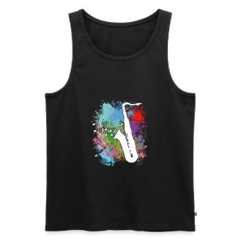 Saxophone sur les taches de peinture - Débardeur bio Premium Homme - noir - Devant - AI Model Male 178 light (178cm)