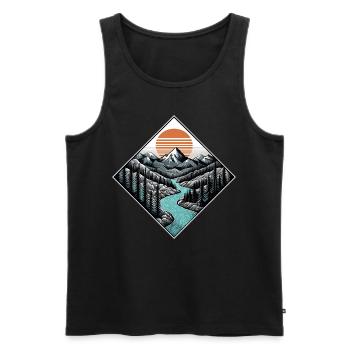 Illustration vintage montagnes par coucher de soleil en forêt - Débardeur bio Premium Homme - noir - Devant - Michal (187cm)
