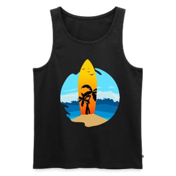 Une planche de surf avec des palmiers coincés dans le sable - Débardeur bio Premium Homme - noir - Devant - AI Model Male 178 light (178cm)