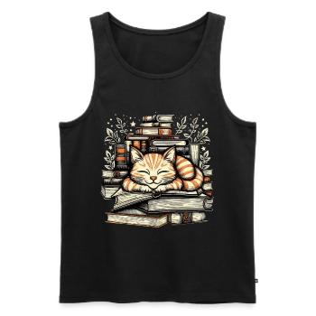 COZY CAT TAKING A NAP ON BOOKS - Men's Premium Organic Tank Top - black - Front - AI Model Male 178 light (178cm)