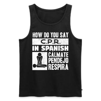 How to say CPR in Spanish? Calmate Y Respira - Men's Premium Organic Tank Top - black - Front - AI Model Male 178 light (178cm)