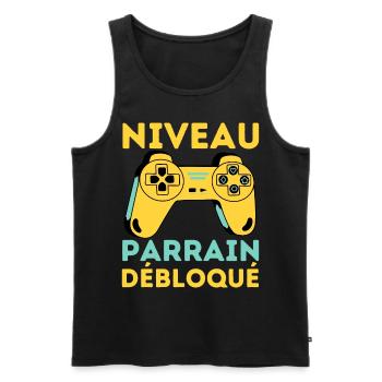 Niveau Parrain Débloqué Cadeau Parrain Gamer Geek - Débardeur bio Premium Homme - noir - Devant - AI Model Male 178 light (178cm)