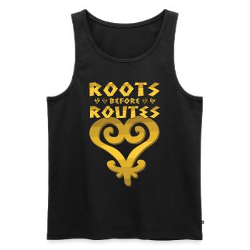 "Roots Before Routes" Sankofa Icon - Men's Premium Organic Tank Top - black - Front - Michal (187cm)