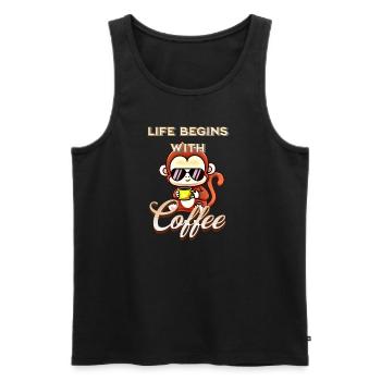 Life begins with Coffee Affe Kaffeeliebhaber - Männer Premium Bio Tank Top - Schwarz - Vorne - Michal (187cm)