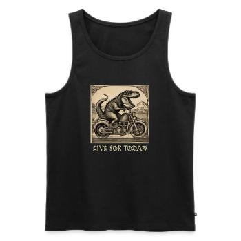 Motorcycle Dinosaur Woodcut: Live for Today - Männer Premium Bio Tank Top - Schwarz - Vorne - Michal (187cm)