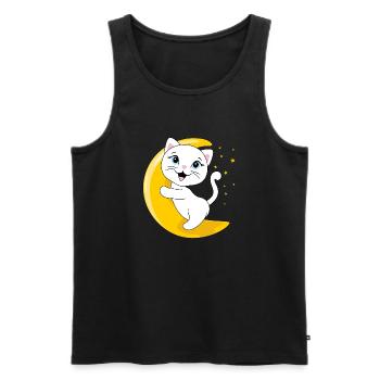 Smiling white cat sitting on the moon - Men's Premium Organic Tank Top - black - Front - AI Model Male 178 light (178cm)