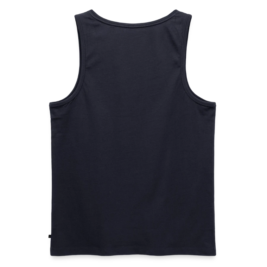 Grindelwald badge on a men's premium organic tank top, navy, back
