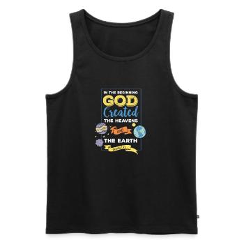 Citation biblique - Au début, Dieu a créé ... - Débardeur bio Premium Homme - noir - Devant - AI Model Male 178 light (178cm)