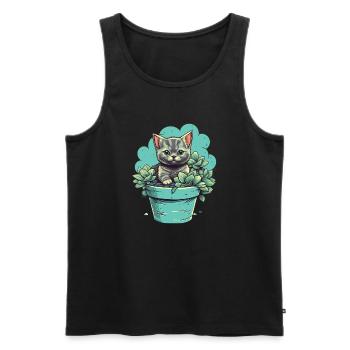 Chaton mignon dans un pot de fleurs avec des plantes succulentes - Débardeur bio Premium Homme - noir - Devant - AI Model Male 178 light (178cm)