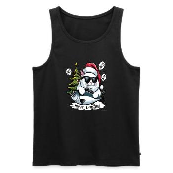 Fette Katze mit Sonnenbrille und Thunfisch als Weihnachtsmann - Männer Premium Bio Tank Top - Schwarz - Vorne - Michal (187cm)