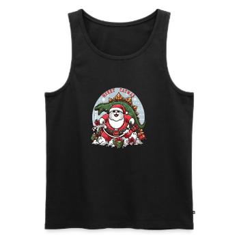 Fat cat as Santa and dinosaur destroying presents, - Men's Premium Organic Tank Top - black - Front - AI Model Male 178 light (178cm)