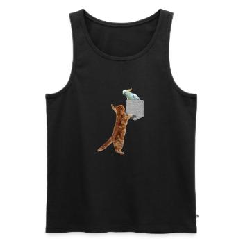 Chat Atteignant Le Cacatoès Dans Fausse Poche Imprimée - Débardeur bio Premium Homme - noir - Devant - AI Model Male 178 light (178cm)