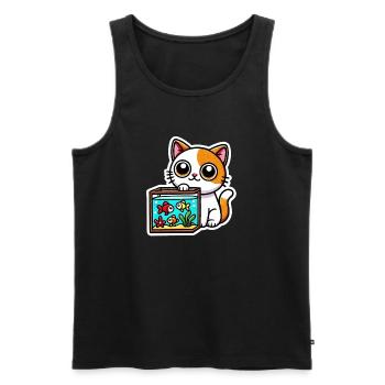 Süße rotweiße Katze sitzt am Aquarium - Männer Premium Bio Tank Top - Schwarz - Vorne - AI Model Male 178 light (178cm)
