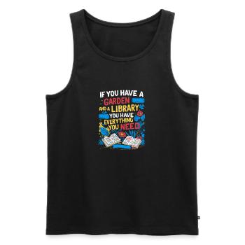 Jardin et bibliothèque – tout ce dont vous avez besoin - Débardeur bio Premium Homme - noir - Devant - AI Model Male 178 light (178cm)