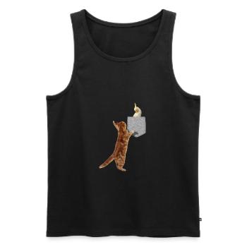 Katze, die Cockatiel-Vogel im gefälschten Druck-Ein erreicht - Männer Premium Bio Tank Top - Schwarz - Vorne - Michal (187cm)
