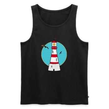 Phare avec motif maritime de mouettes dans un style rétro - Débardeur bio Premium Homme - noir - Devant - AI Model Male 178 light (178cm)