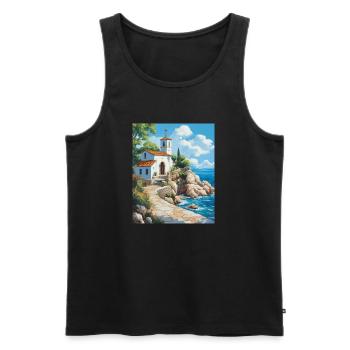 L’église chrétienne au bord de la mer en Grèce - Débardeur bio Premium Homme - noir - Devant - AI Model Male 178 light (178cm)