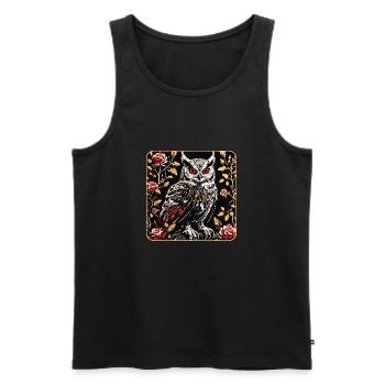 Hibou avec des vrilles de pétales de rose en aspect gravure sur bois - Débardeur bio Premium Homme - noir - Devant - AI Model Male 178 light (178cm)
