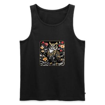 Hibou avec pétales de rose en aspect gravure sur bois - Débardeur bio Premium Homme - noir - Devant - AI Model Male 178 light (178cm)