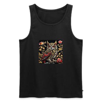 Hibou avec des vrilles de pétales de rose en aspect gravure sur bois - Débardeur bio Premium Homme - noir - Devant - AI Model Male 178 light (178cm)