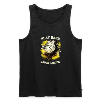 Plays hard, laughs harder, funny, volleyball team - Men's Premium Organic Tank Top - black - Front - AI Model Male 178 light (178cm)