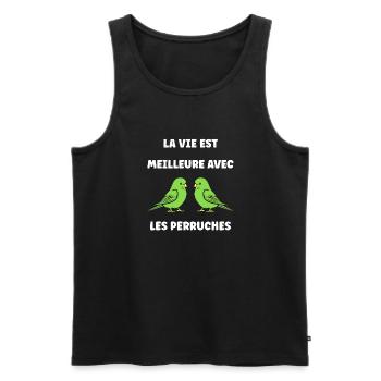 Oiseaux perruches humour petite perruche - Débardeur bio Premium Homme - noir - Devant - AI Model Male 178 light (178cm)