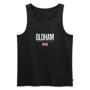Oldham, England, United Kingdom - Men's Premium Organic Tank Top - black - Front - AI Model Male 178 light (178cm)