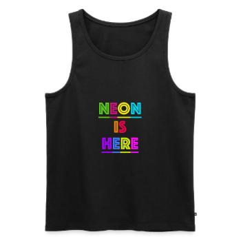 80er Jahre Schriftzug NEON IS HERE - Männer Premium Bio Tank Top - Schwarz - Vorne - Michal (187cm)