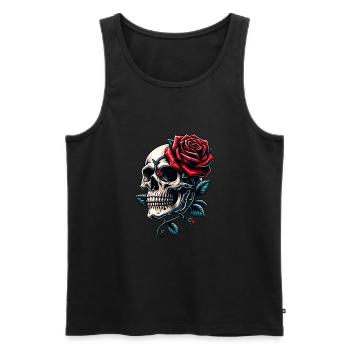 Crâne avec des roses rouges et des vrilles de rose - Débardeur bio Premium Homme - noir - Devant - AI Model Male 178 light (178cm)