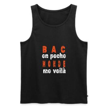 Phrase drôle, ”bac en poche’ monde me voilà. - Débardeur bio Premium Homme - noir - Devant - AI Model Male 178 light (178cm)