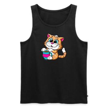 Süße Katze mit großen Augen und Kaffeetasse - Männer Premium Bio Tank Top - Schwarz - Vorne - AI Model Male 178 light (178cm)
