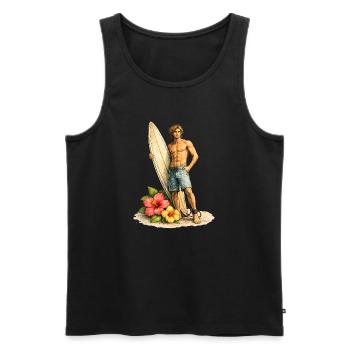 Surfer with board on tropical beach - Men's Premium Organic Tank Top - black - Front - AI Model Male 178 light (178cm)