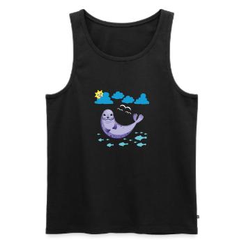Petit phoque Poissons solaires et mouettes - Débardeur bio Premium Homme - noir - Devant - AI Model Male 178 light (178cm)