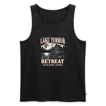 Lac Terror Retreat 1979 Évasion rétro Halloween - Débardeur bio Premium Homme - noir - Devant - AI Model Male 178 light (178cm)