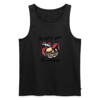 Tu est ce que tu manges t-shirt humour - Débardeur bio Premium Homme - noir - Devant - Michal (187cm)