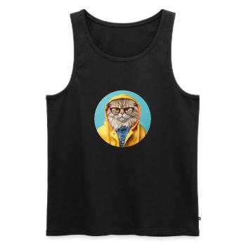 Strict cat with glasses in rain jacket - Men's Premium Organic Tank Top - black - Front - AI Model Male 178 light (178cm)