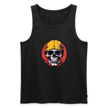 Skull mit gelbem Kopftuch auf rotem Farbkreis - Männer Premium Bio Tank Top - Schwarz - Vorne - AI Model Male 178 light (178cm)