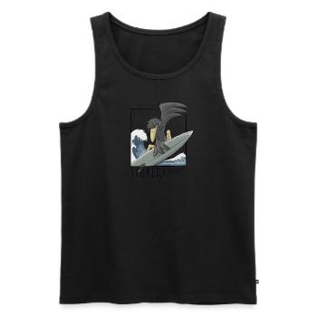 Stoked, Beaches! Surfer crow raven on wave - Men's Premium Organic Tank Top - black - Front - Michal (187cm)
