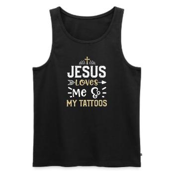 Jesus Loves Me & My Tattoos - Men's Premium Organic Tank Top - black - Front - AI Model Male 178 light (178cm)