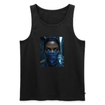 Woman with Blue Eyes and Denim Mask - Men's Premium Organic Tank Top - black - Front - AI Model Male 178 light (178cm)