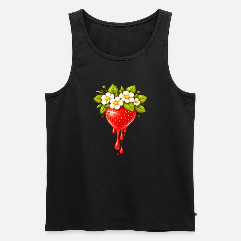Erdbeere mit Blüten und Tropfen - Männer Premium Bio Tank Top - Schwarz