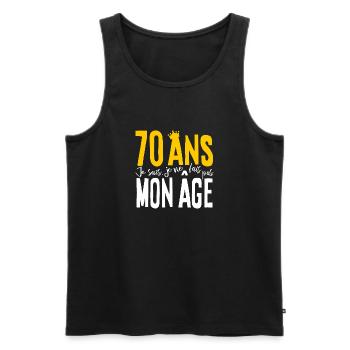 70 ANS Je sais, je ne fais pas mon âge (humour HF) - Débardeur bio Premium Homme - noir - Devant - AI Model Male 178 light (178cm)
