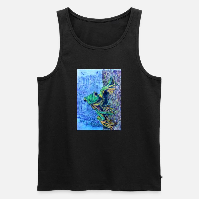 Frosch auf Baum mit Stadtansicht - Männer Premium Bio Tank Top - Schwarz