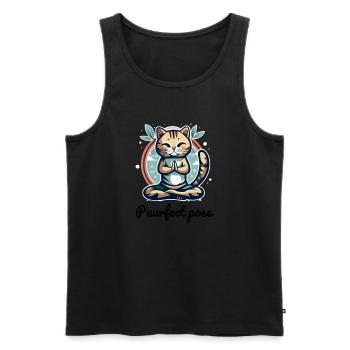 Un chat faisant la position du lotus avec slogan - Débardeur bio Premium Homme - noir - Devant - Michal (187cm)