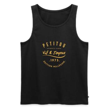 "Petitou 1973" - Men's Premium Organic Tank Top - black - Front - AI Model Male 178 light (178cm)
